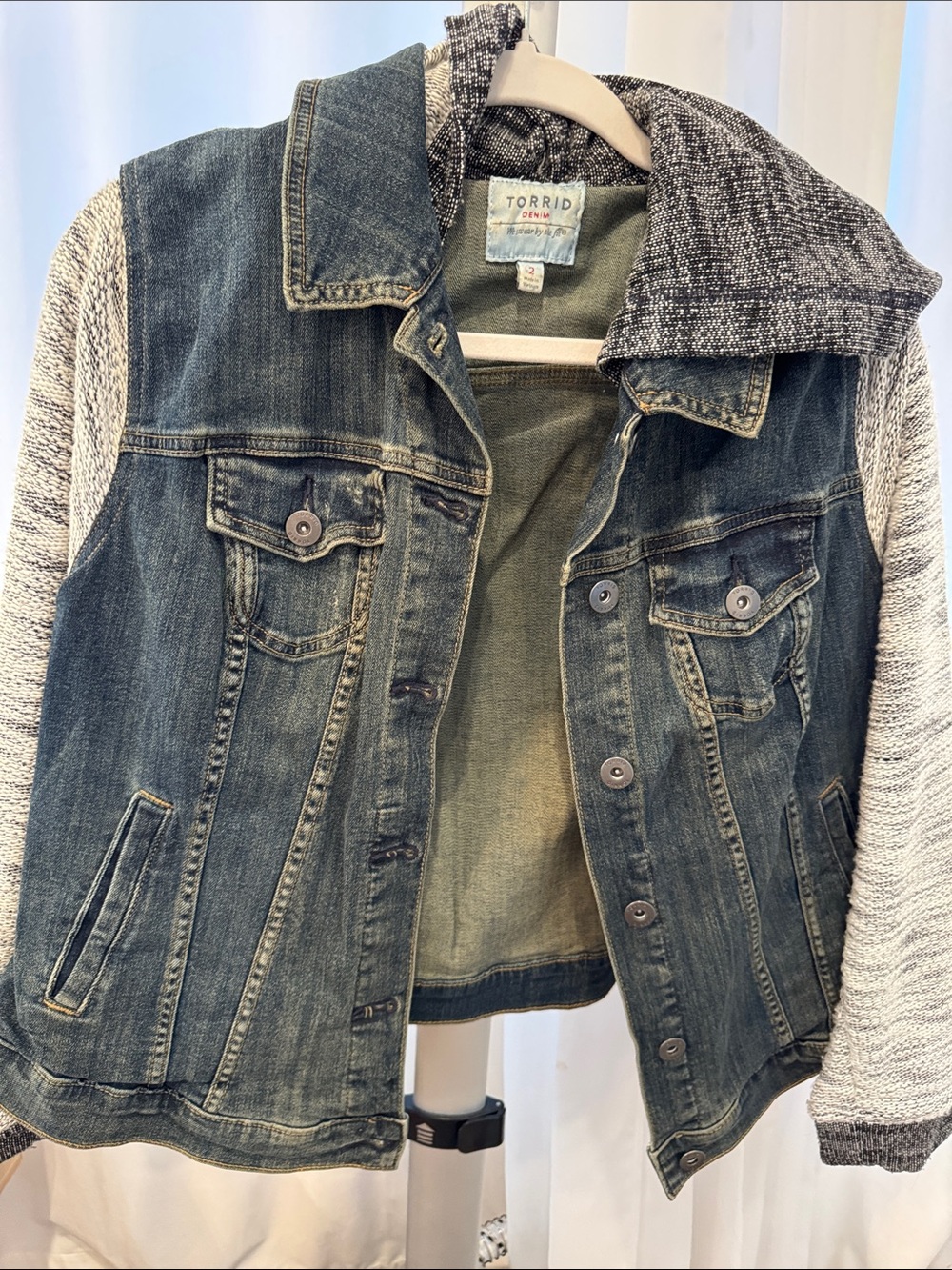 torrid Blue Denim Jacket with Gray Knit Sleeves & Hood